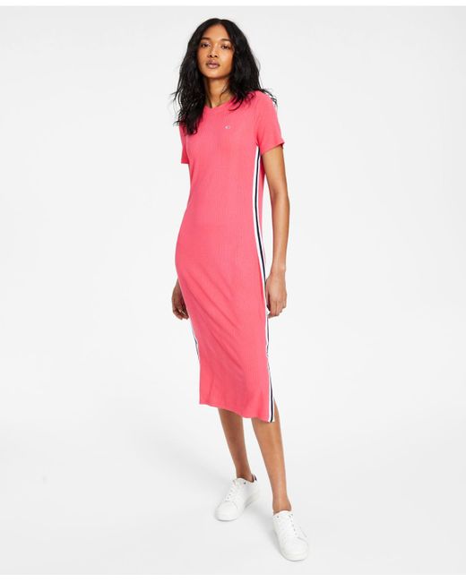 Tommy Hilfiger Denim Ribbed Midi Dress | Lyst