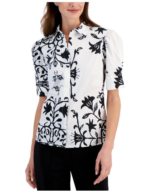 Tahari White Printed Puff-sleeve Button-front Shirt