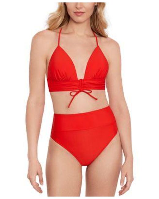 Salt + Cove Red Salt Cove V Neck Lace Up Back Midkini Top High Waist Bottoms Created For Macys