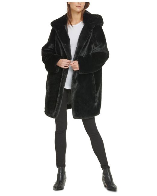 DKNY Black Hooded Faux-fur Coat