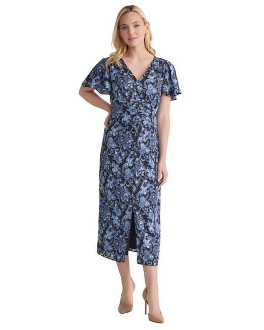 Jones New York Blue Printed Shirred Flutter-sleeve Midi Dress