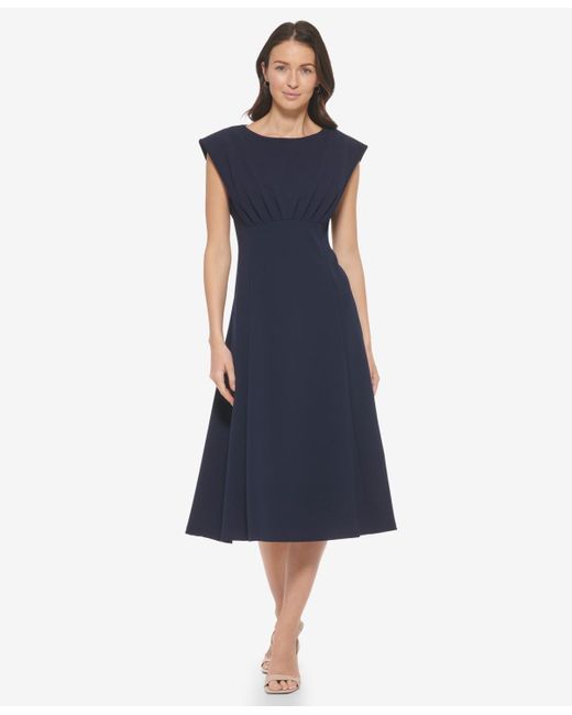 Calvin Klein Blue Boat-neck Cap-sleeve A-line Dress