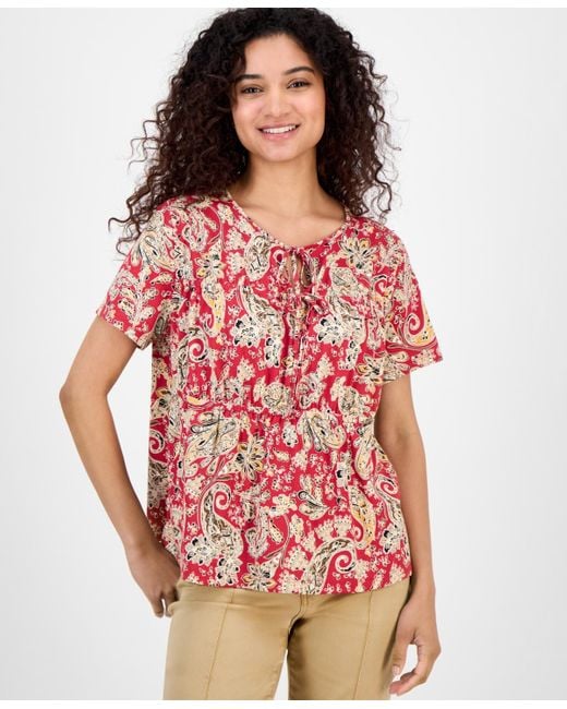 Nautica Red Paisley-print Tie-neck Top