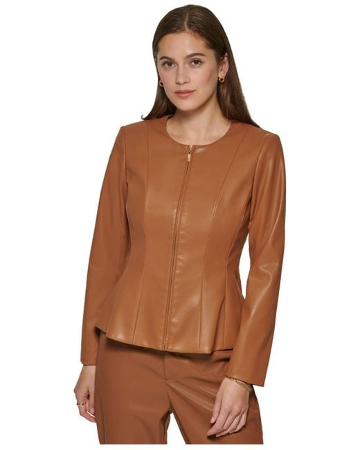 DKNY Brown Women'a Faux-leather Long-sleeve Zip-front Jacket