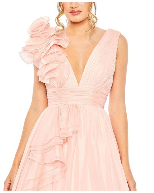Mac Duggal Pink Ruffle Shoulder V-neck Chiffon Gown