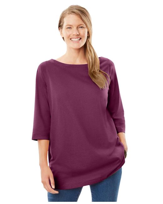 Woman Within Purple Within Perfect Three-quarter Sleeve Boatneck Tee