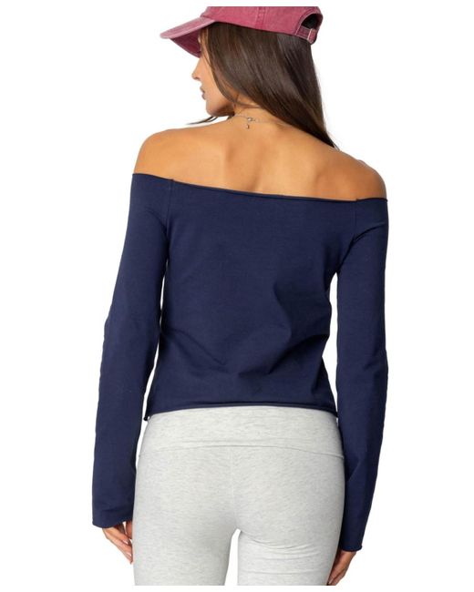 Edikted Blue Aspen Ski Club Off Shoulder Top