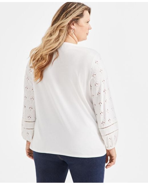Style & Co. White Plus Size Split-neck Eyelet-trim Top