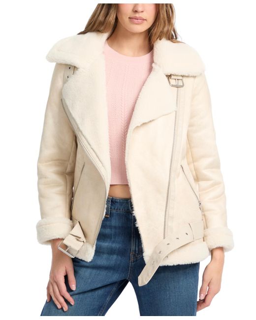 Guess Natural Faux-shearling Asymmetric Moto Coat