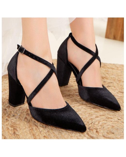 Forever & Always Shoes Black Sina Criss Cross High Block Heels