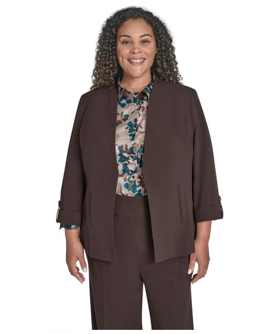Calvin Klein Brown Plus Size Notch-lapel 3/4-sleeve Jacket