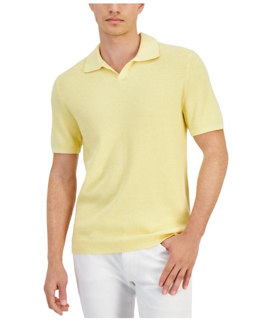 Alfani Yellow Textured Waffle-knit Short Sleeve Open Collar Polo Sweater for men