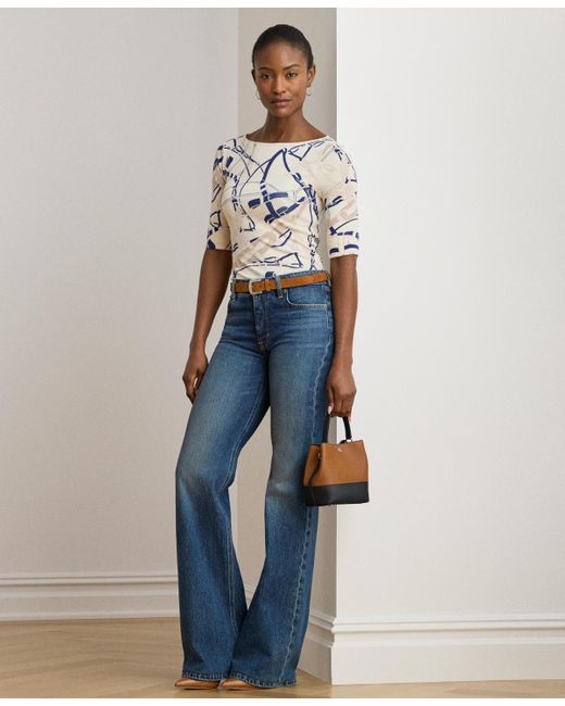 Ralph Lauren Blue Belting Print Cotton Boatneck Tee P Xs Xxl