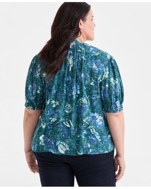 Style & Co. Blue Plus Size Printed Ruffle-trim Blouse