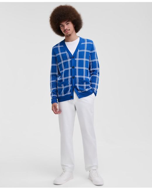 Club Room Blue Cotton Windowpane-plaid Cardigan Sweater for men