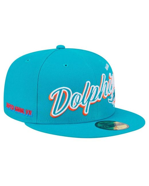 KTZ Blue Miami Dolphins Script Sided 59fifty Fitted Hat for men