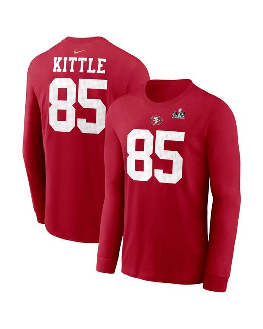 Nike Red George Kittle San Francisco 49ers Super Bowl Lviii Patch Player Name And Number Long Sleeve T-shirt for men