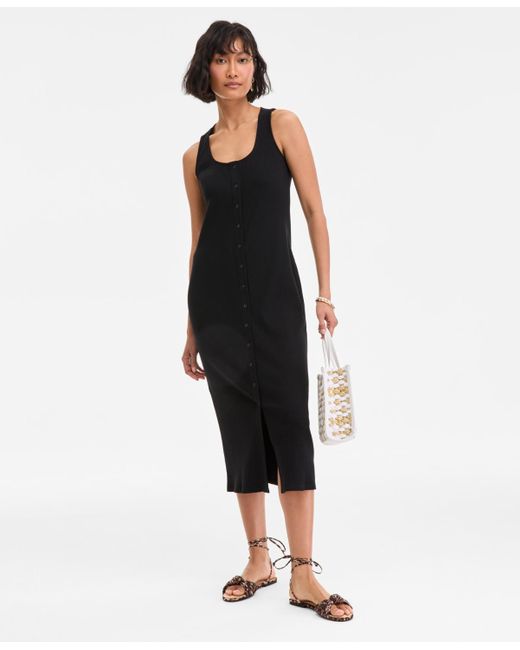 On 34th Black Rib-knit Button Down Midi Dress
