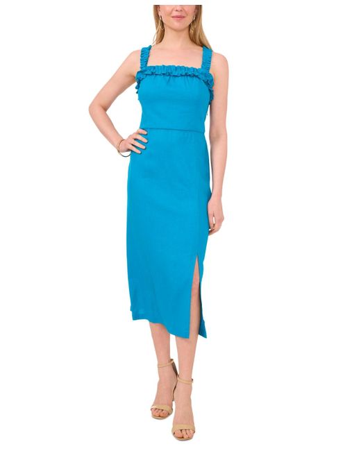1.STATE Blue Ruffled Square-neck Sleeveless Midi Dress