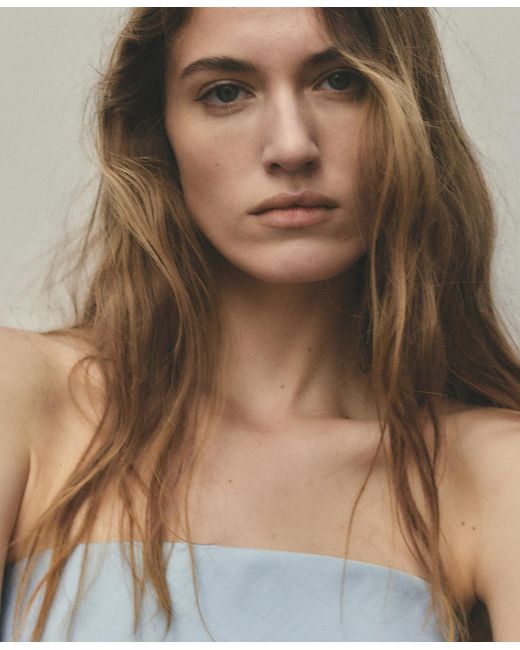 Mango Blue Ruffles Strapless Top