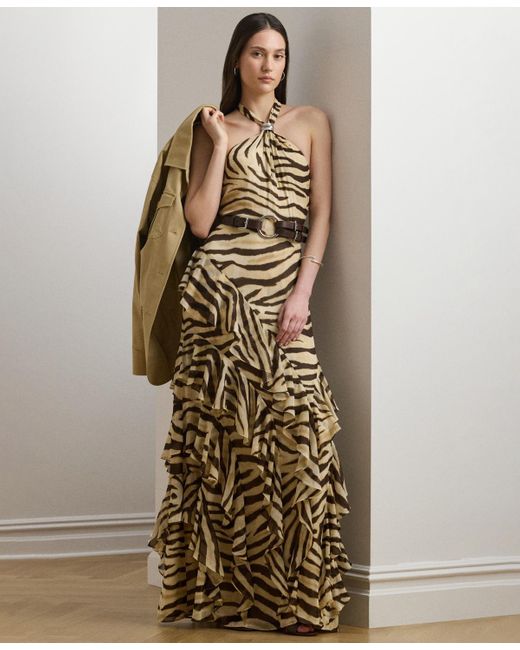 Ralph Lauren Natural Zebra-print Ruffle-trim Georgette Gown