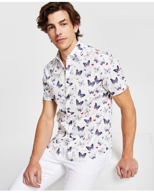 Paisley & Gray White Soleil Butterfly Print Short-sleeve Button-front Shirt for men