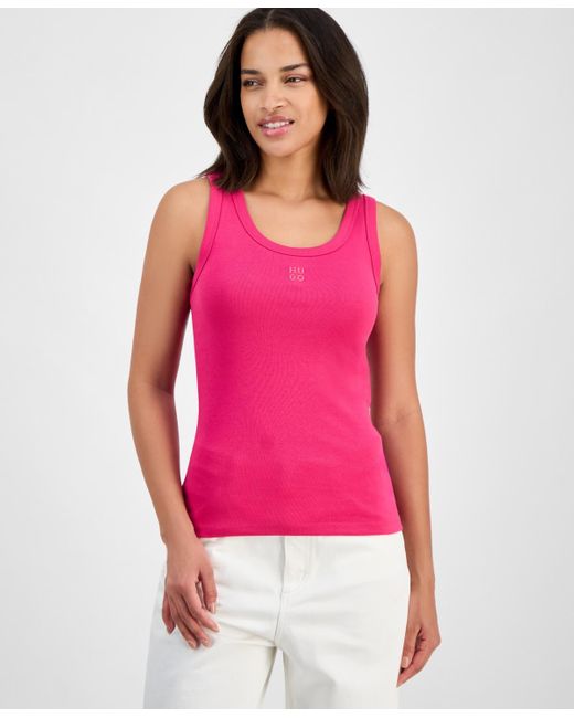 HUGO Pink Logo Scoop-neck Knit Tank Top