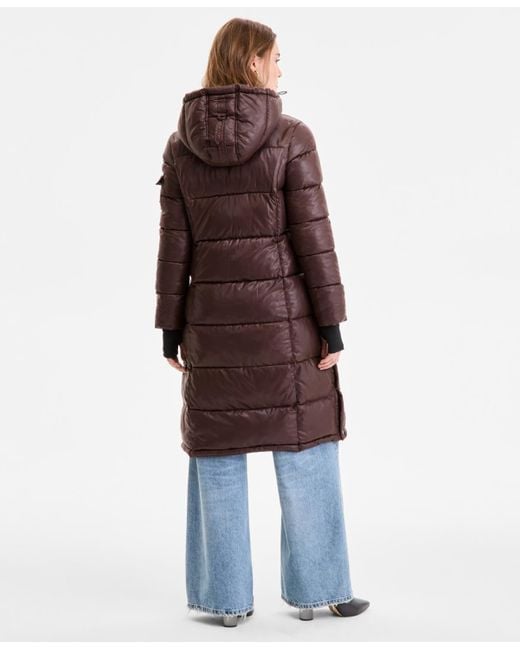 Steve Madden Brown Shiny Hooded Maxi Puffer Coat