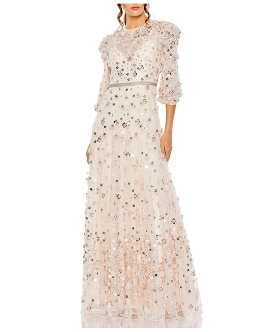 Mac Duggal Natural Floral Applique Puff Sleeve High Neck A-line Gown