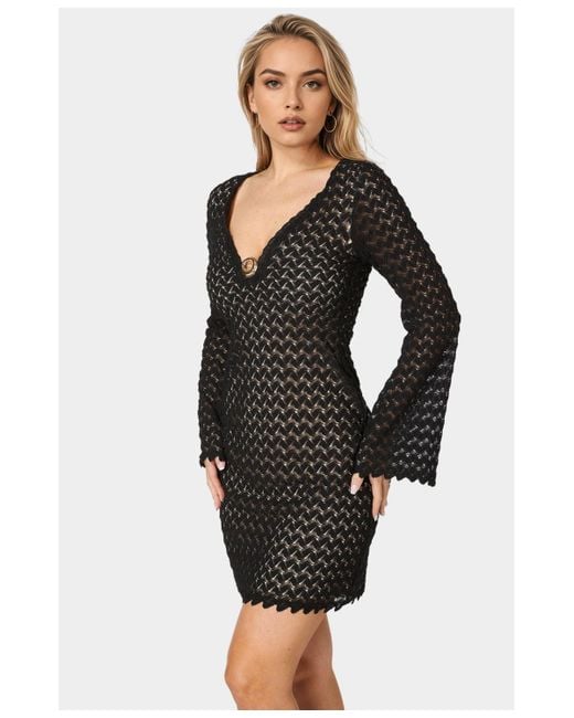 Bebe Lace Bell Sleeves Keyhole Mini Dress in Black | Lyst