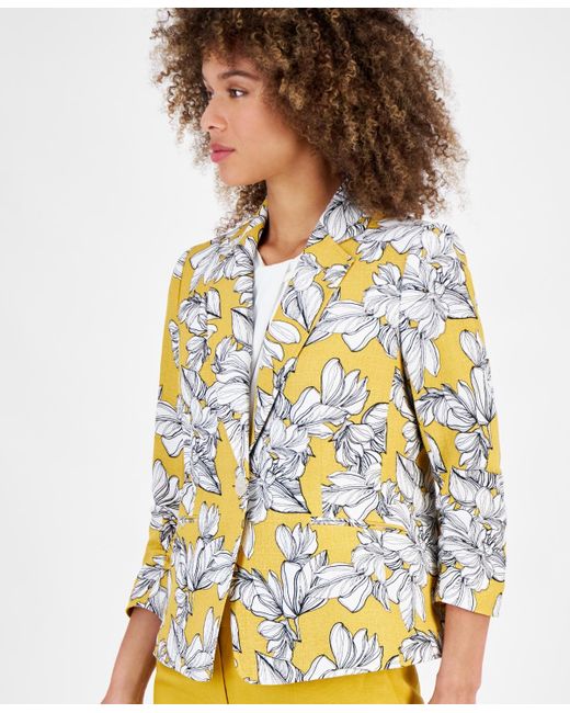 Kasper Yellow Floral-print 3/4-sleeve Textured Jacket
