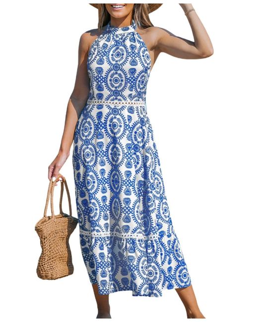 CUPSHE Blue & White Ornate Halterneck Sleeveless Midi Beach Dress