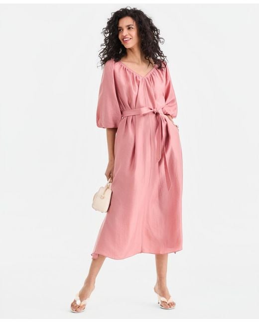 inc midi dress INC Womens Coral Twist Front Spaghetti Strap LINEN Blend Midi Dress Size  Small
