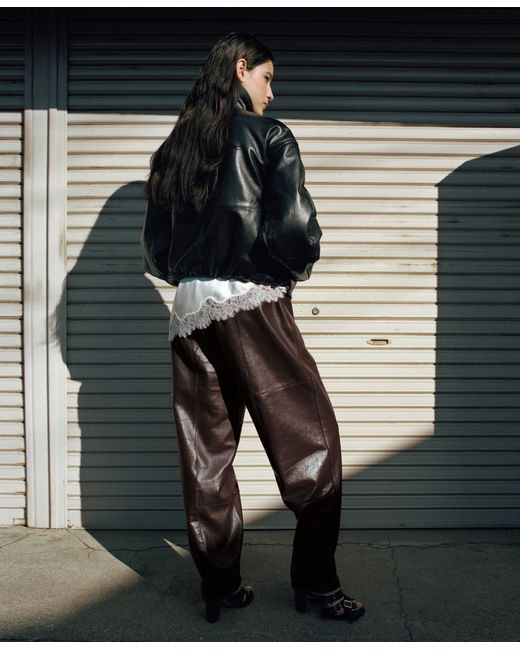 Mango Gray Leather Buttoned Hem Pants