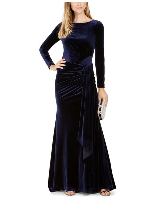 Vince Camuto Blue Draped & Ruched Velvet Gown