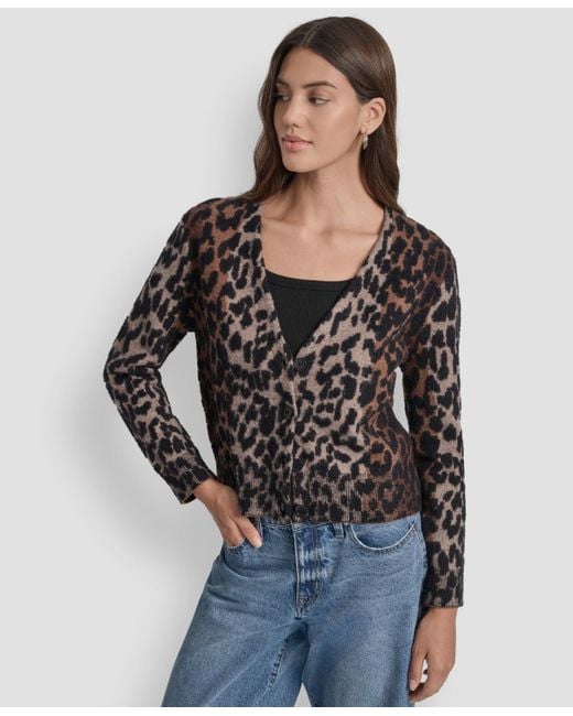 DKNY Black Long Sleeves Leopard Print Cardigan Sweater