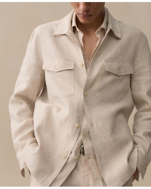 Mango White 100% Linen Pockets Detail Overshirt for men