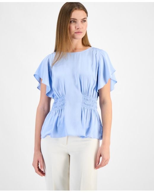 Anne Klein Blue Smocked-waist Flutter-sleeve Top