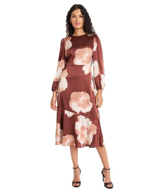Maggy London Red Long Sleeve Flower Midi Dress