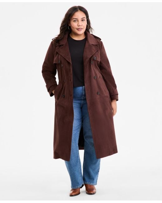 BCBGMAXAZRIA Red Plus Size Double-breasted Faux-suede Belted Trench Coat