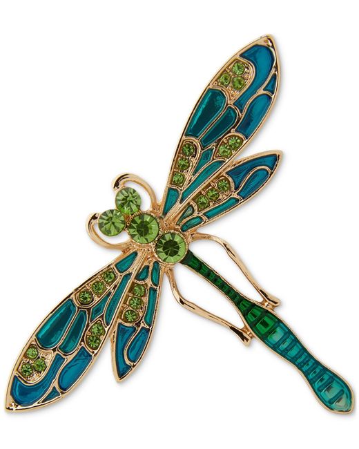 Anne Klein Green Gold-tone Blue Multi Dragonfly Pin