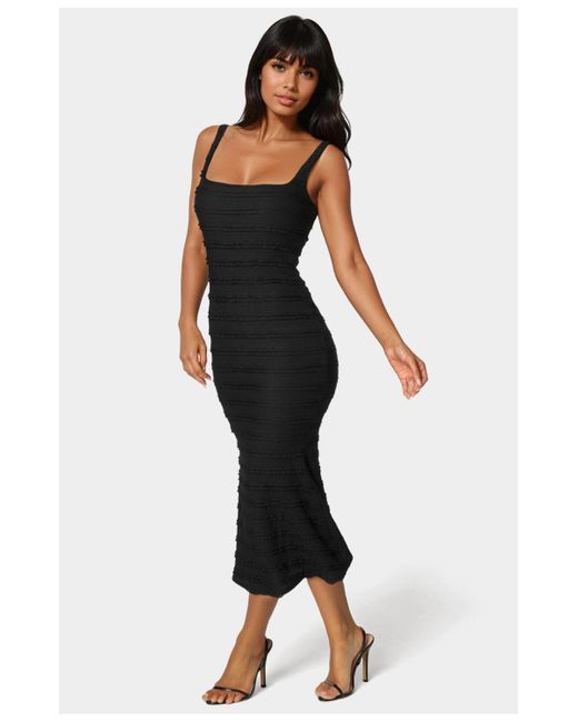 Bebe Black Square Neck Ruffle Lace Midi Dress