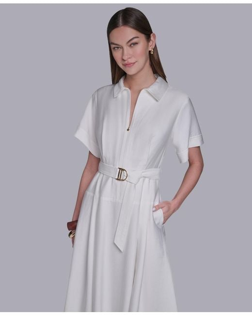 Halston Heritage White Zip-up Midi Shirt Dress