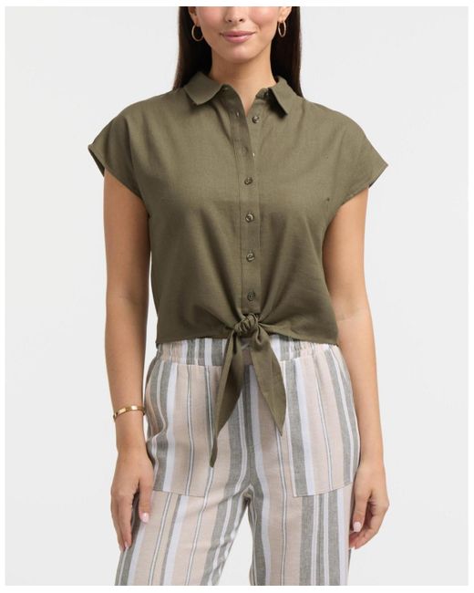Ellen Tracy Green Linen Blend Sleeveless Tie Hem Button Down Top