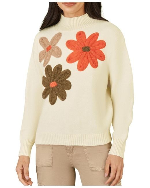 Yumi' Natural Floral Detail High Neck Knit Sweater