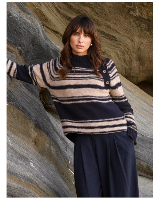 Celtic & Co. Black Pure Wool Stripe Button Neck Sweater