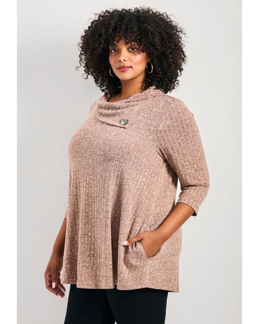 Avenue Brown Plus Size Miley Rib Hacci Button Tunic