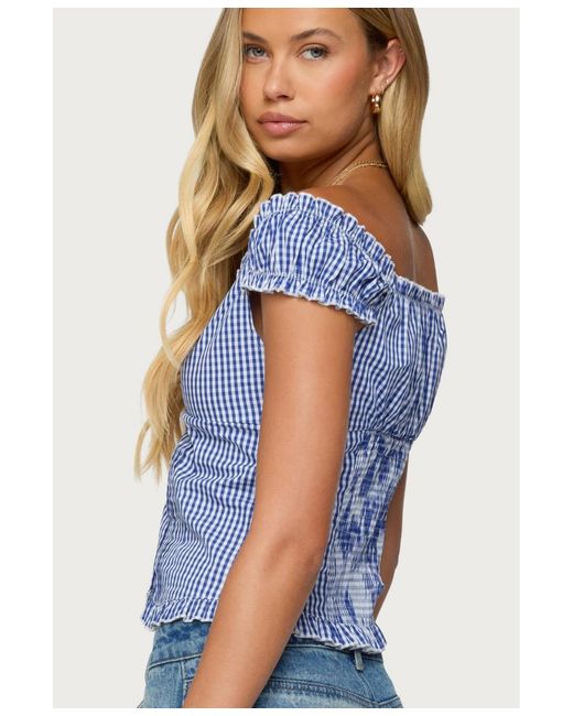 Edikted Blue Dorothie Gingham Button Up Top