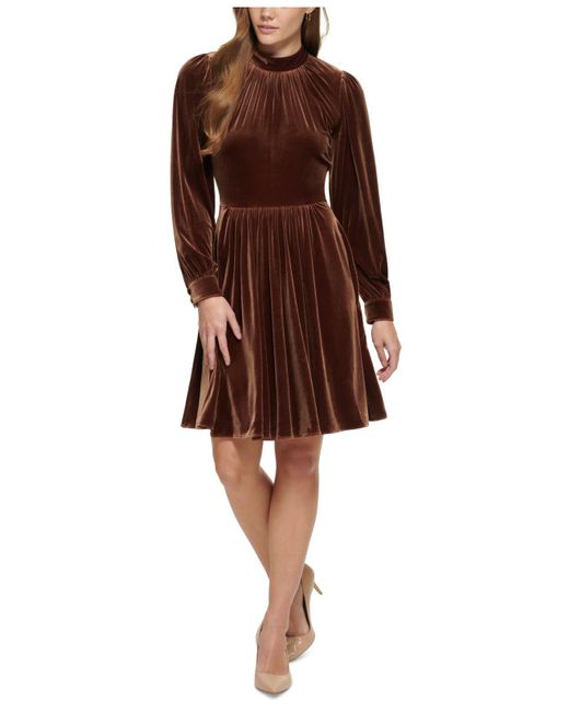 Calvin Klein Velvet Mockneck Fit & Flare Dress in Brown Lyst