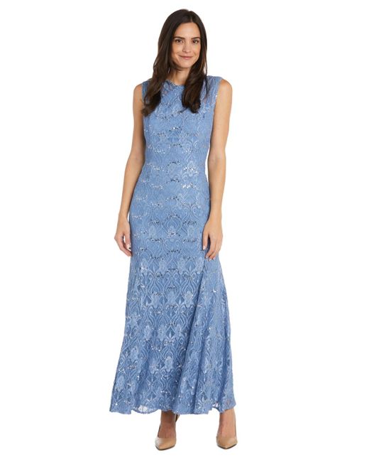 R & M Richards Blue Long Embellished Illusion-detail Lace Gown